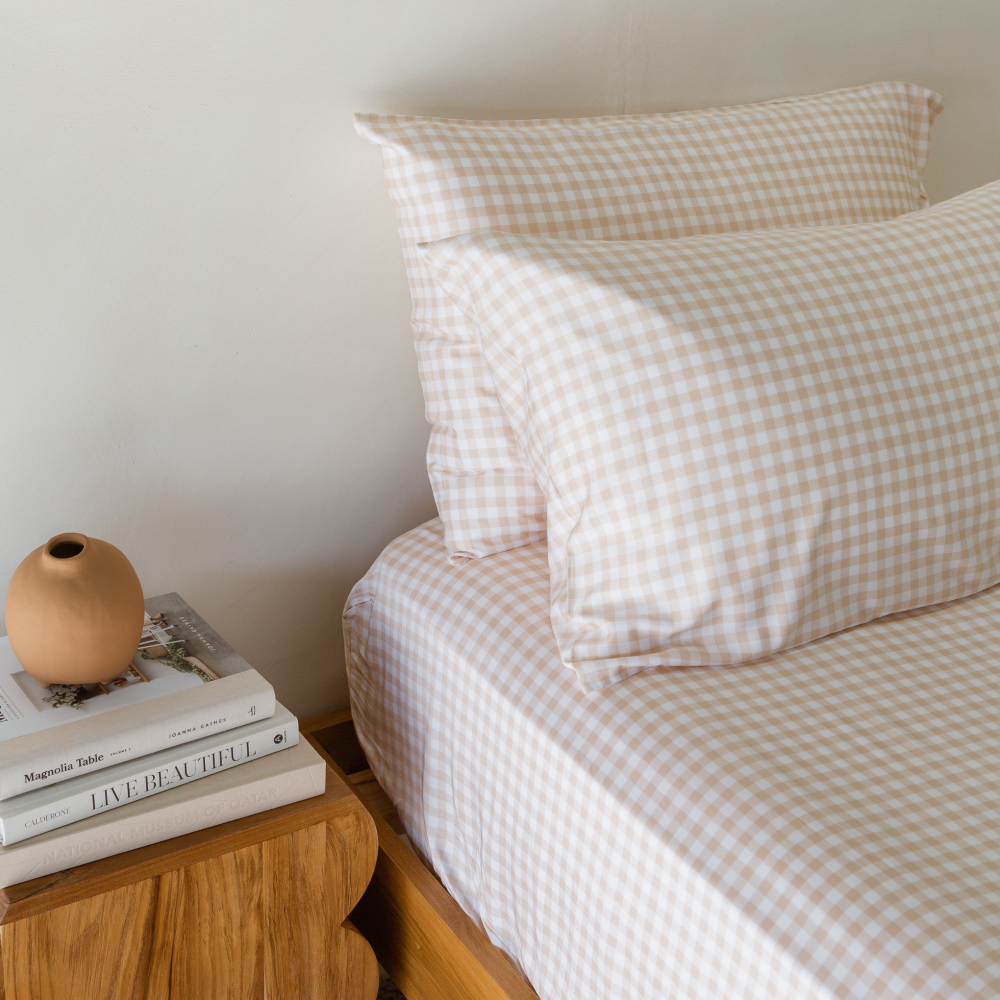 Bamboo Fitted Sheet & Pillowslips - Oat Gingham